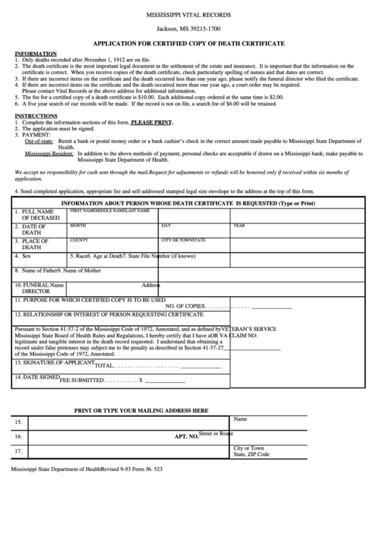 Form 523 - Application For Certified Copy Of Death Certificate 1993 Printable pdf