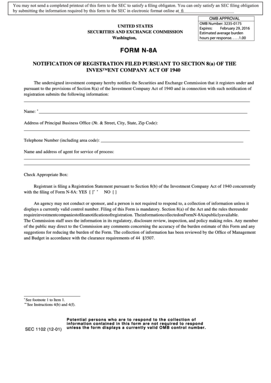 Form N-8a - Notification Of Registration Filed Pursuant To Section Printable pdf