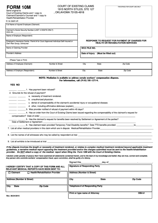 Fillable Form 10m - Response To Request For Payment Of Charges For Health Or Rehabilitation Services Printable pdf