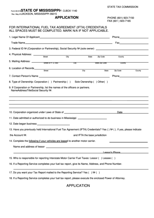 Form 63-018 - Application For International Fuel Tax Agreement (Ifta) Credentials 1997 Printable pdf