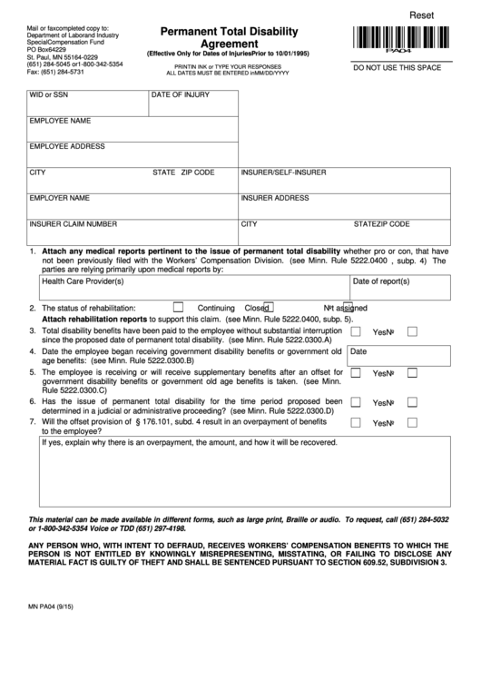 Fillable Form Mn Pa04 - Permanent Total Disability Agreement Printable pdf