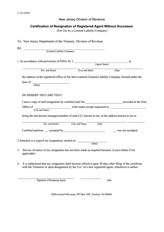 Fillable Form L-123 - Certification Of Resignation Of Registered Agent Without Successor Printable pdf