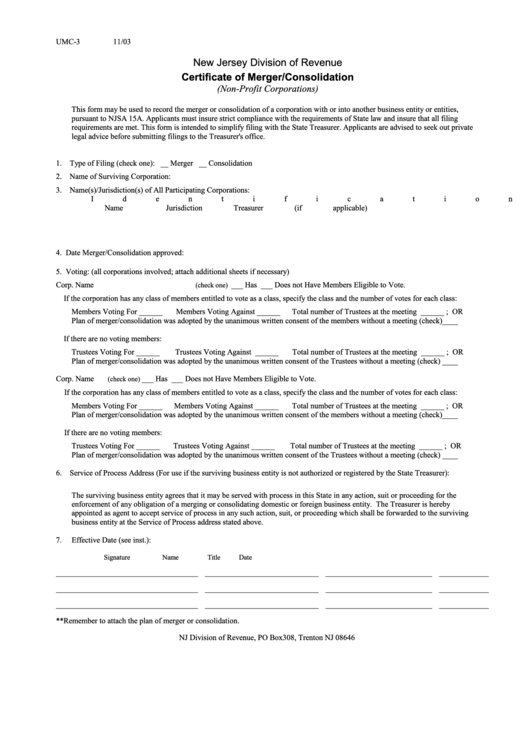 Fillable Form Umc-3 - Certificate Of Merger/consolidation Printable pdf
