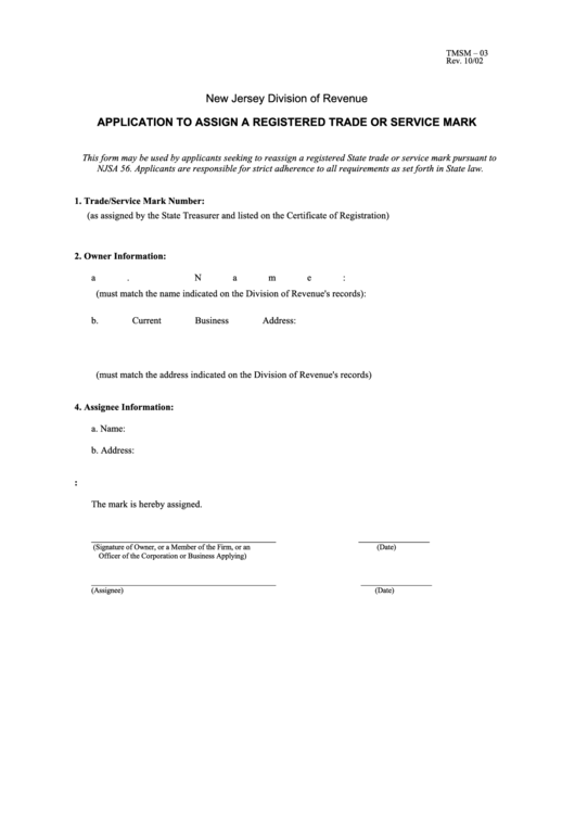 Fillable Form Tmsm - 03 - Application To Assign A Registered Trade Or Service Mark Printable pdf