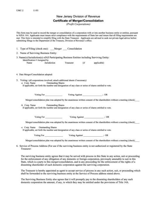 Fillable Form Umc-2 - Certificate Of Merger/consolidation Printable pdf