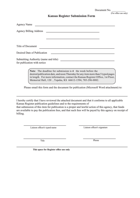 Kansas Register Submission Form Printable pdf