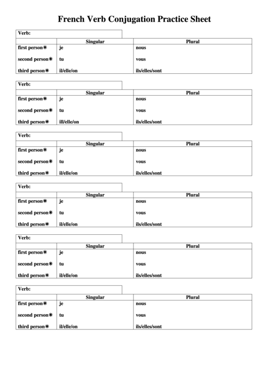 French Verb Conjugation Practice Sheet printable pdf download