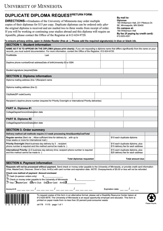 Fillable Form Otr178 - Duplicate Diploma Request Printable pdf