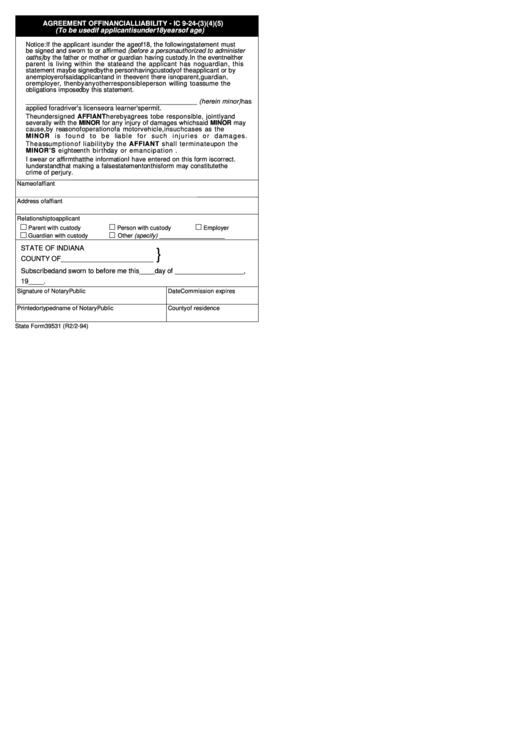 Fillable State Form 39531-Agreement Of Financial Liability Printable pdf