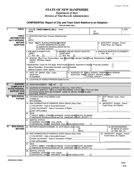 Fillable Confidential Report Form Of City And Town Clerk Relative To An Adoption Printable pdf
