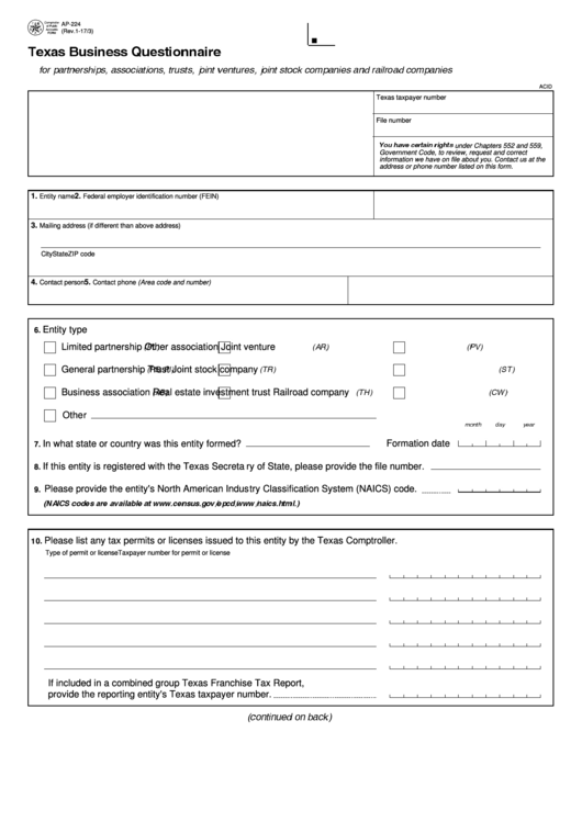 Fillable Form Ap-224 - Texas Business Questionnaire Printable pdf