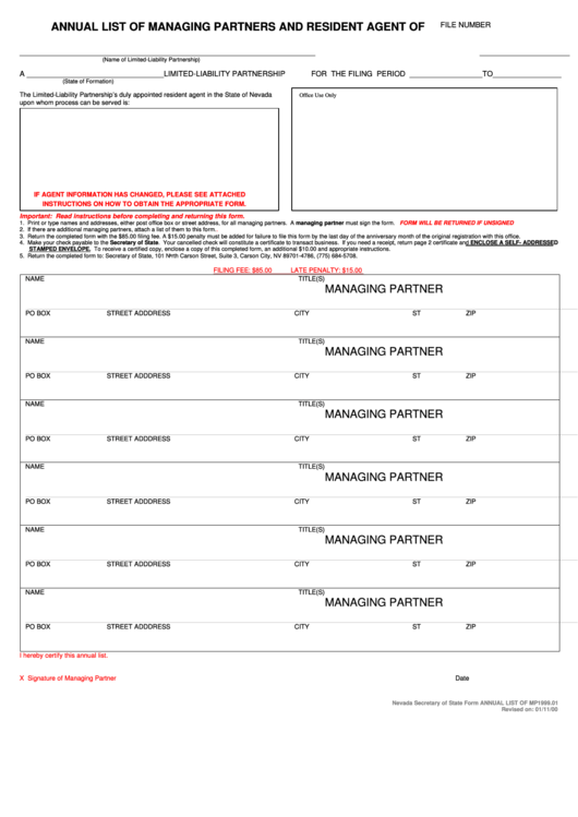 Form Mp1999.01-Annual List Of Managing Partners And Resident Agent Printable pdf