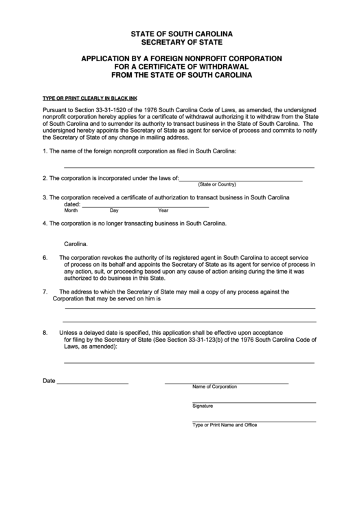 Fillable Application Form By A Foreign Nonprofit Corporation For A Certificate Of Withdrawal From The State - Secretary Of State - State Of South Carolina Printable pdf