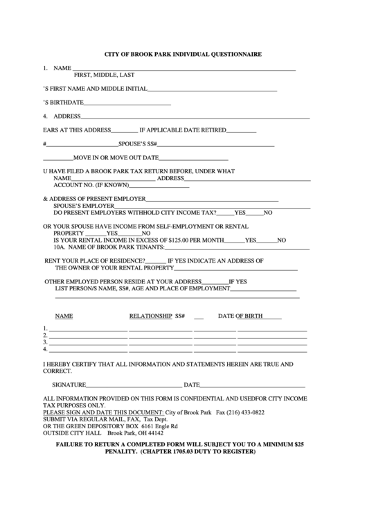 Fillable City Of Brook Park Individual Questionnaire Form Printable pdf