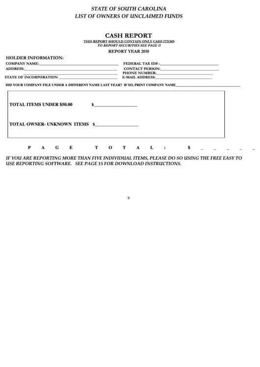 To Report Securities See Report Year 2010 Form - State Of South Carolina Printable pdf