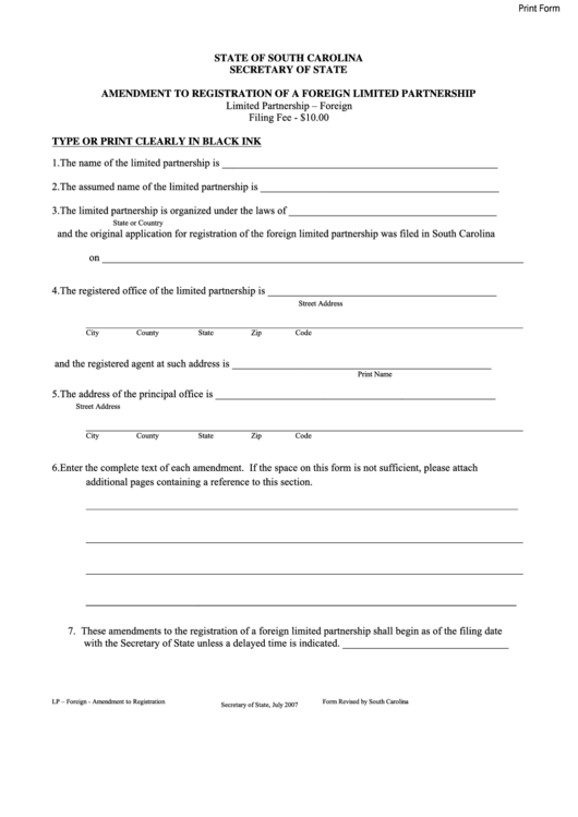 Fillable Form Revised By South Carolina Secretary Of State - Amendment To Registration Of A Foreign Limited Partnership Printable pdf