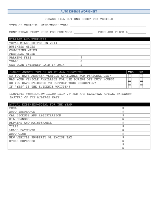 Auto Expense Worksheet Printable pdf