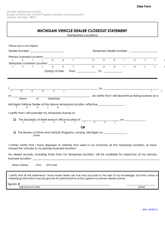 Fillable Vehicle Dealer Closeout Statement Form Printable pdf