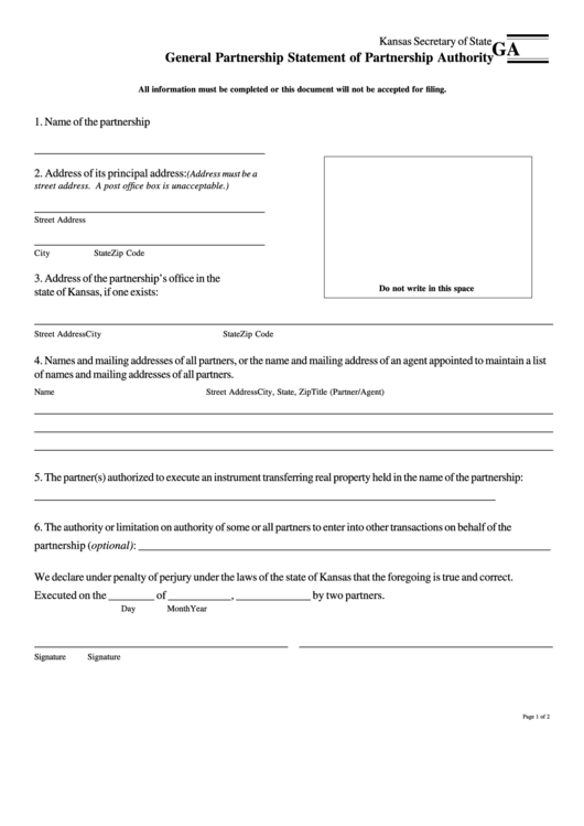 Form K.s.a.56a-105-56a-303-General Partnership Statement Of Partnership Authority Printable pdf