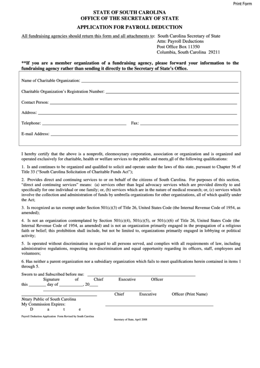 Fillable Application Form For Payroll Deduction - Office Of The Secretary Of State - State Of South Carolina Printable pdf