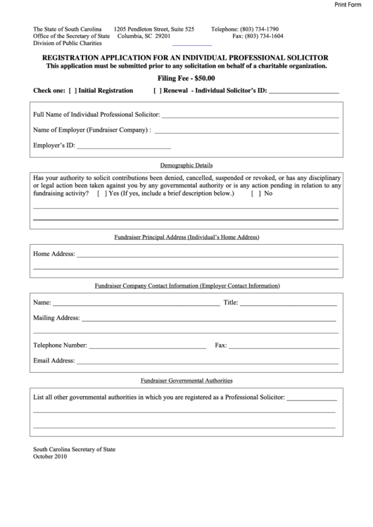 Fillable Registration Application For An Individual Professional Solicitor - Office Of The Secretary Of State Division Of Public Charities Printable pdf