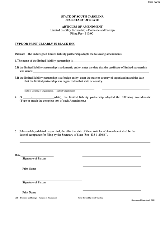 Fillable Articles Of Amendment Form Secretary Of State State Of South Carolina Printable Pdf 0785