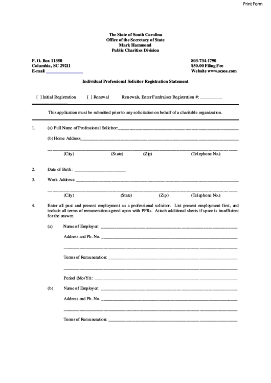 Fillable Individual Professional Solicitor Registration Statement Form -Office Of The Secretary Of State - State Of South Carolina Printable pdf