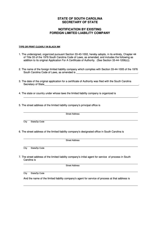 Notification By Existing Foreign Limited Liability Company - South Carolina Secretary Of State Printable pdf