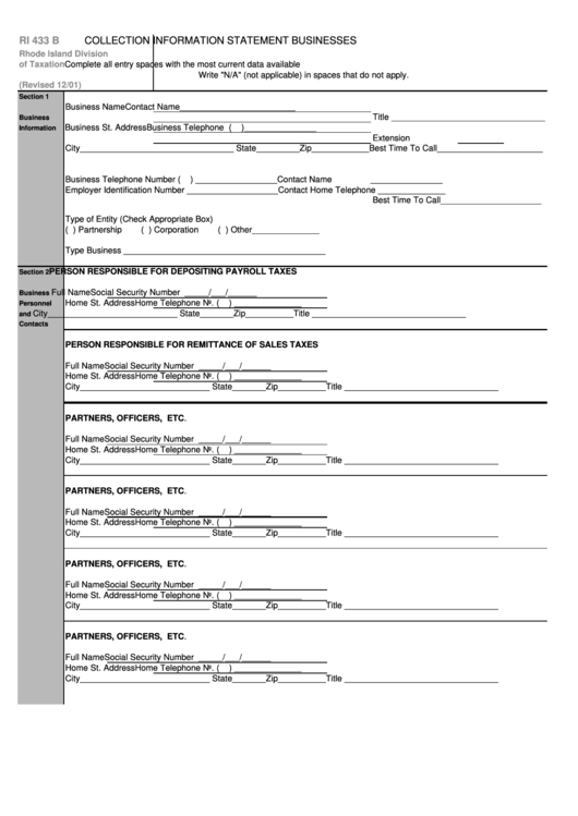 Form Ri 433 B-Collection Information Statement Businesses Printable pdf