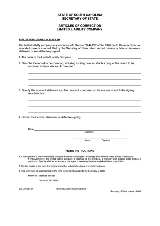 Fillable Articles Of Correction Limited Liability Company Form - Secretary Of State - State Of South Carolina Printable pdf