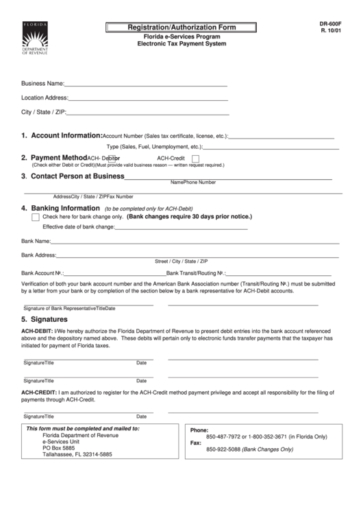 Form Dr 600f-Registration/authorization Form Printable pdf