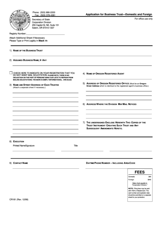 Fillable Form Cr181-Application For Business Trust-Domestic And Foreign Printable pdf
