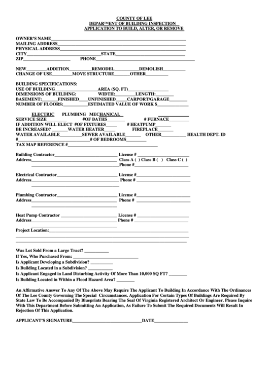 Fillable Application To Build, Alter, Or Remove - County Of Lee Department Of Building Inspection Printable pdf