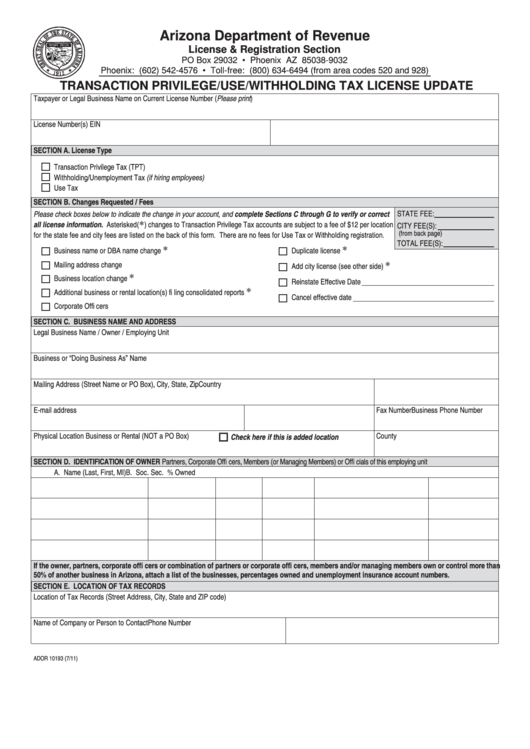 Fillable Form Ador 10193 - Transaction Privilege/use/withholding Tax License Update Printable pdf