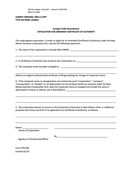 Fillable Form Fpr-Am - Foreign Profit Amendment Application For Amended Certificate Of Authority - 2013 Printable pdf