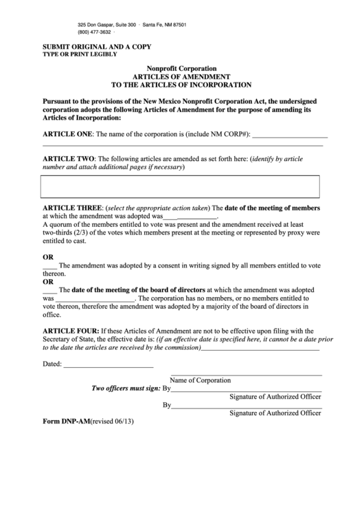 Fillable Form Dnp-Am - Nonprofit Corporation - Articles Of Amendment To The Articles Of Incorporation Printable pdf