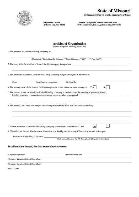 Form Llc-1 - Articles Of Organization Form - Secretary Of State - State Of Missouri (12/99) Printable pdf