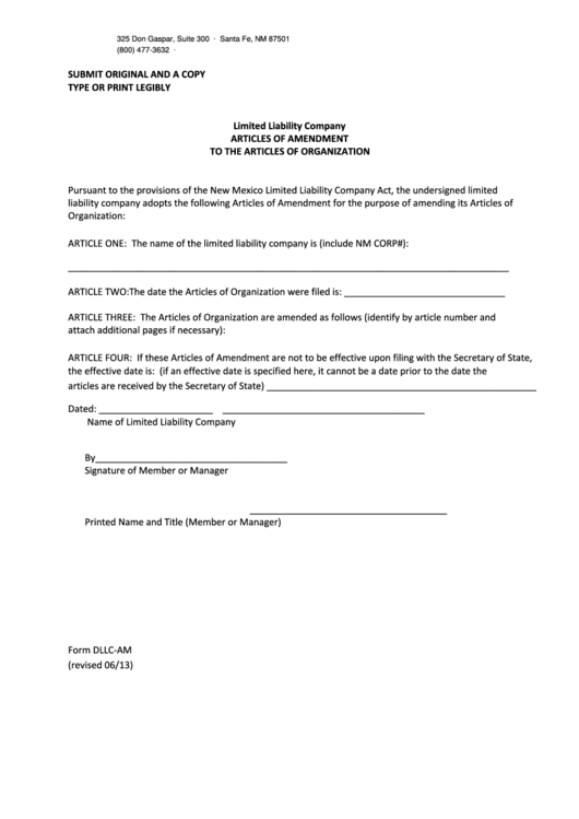 Fillable Form Dllc-Am - Limited Liability Company Articles Of Amendment To The Articles Of Organization - 2013 Printable pdf