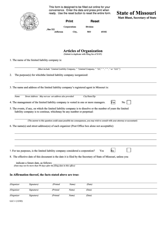 Fillable Form Llc-1 - Articles Of Organization Form - Secretary Of State - State Of Missouri (12/02) Printable pdf