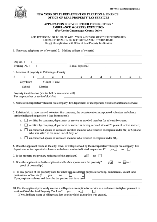 Form Rp-466-C [cattaraugus] - Application For Volunteer Firefighters / Ambulance Workers Exemption - 2007 Printable pdf