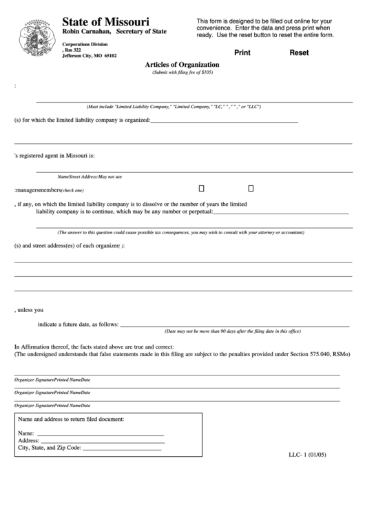Fillable Form Llc- 1 - Articles Of Organization Form - Secretary Of State - State Of Missouri (01/05) Printable pdf