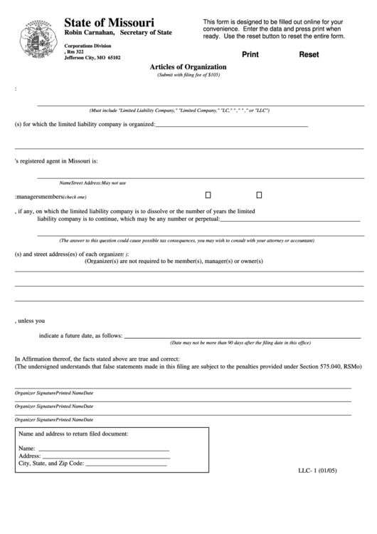 Fillable Form Llc- 1 - Articles Of Organization Form - Secretary Of State - State Of Missouri (01/05) Printable pdf
