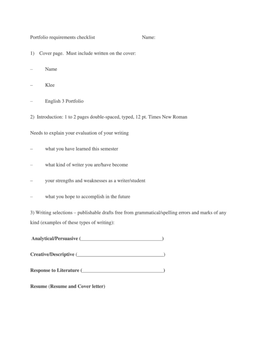 Portfolio Requirements Checklist Form Printable pdf