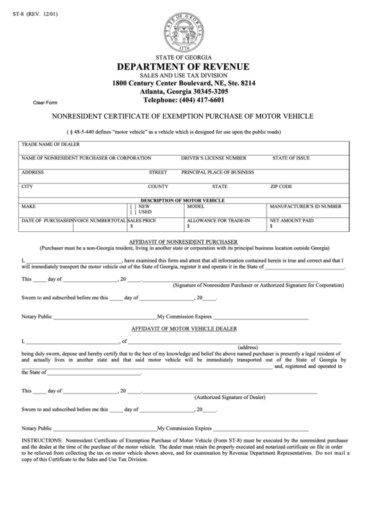 Fillable Form St-8 - Nonresident Certificate Of Exemption Purchase Of Motor Vehicle - Department Of Revenue State Of Georgia - 2001 Printable pdf