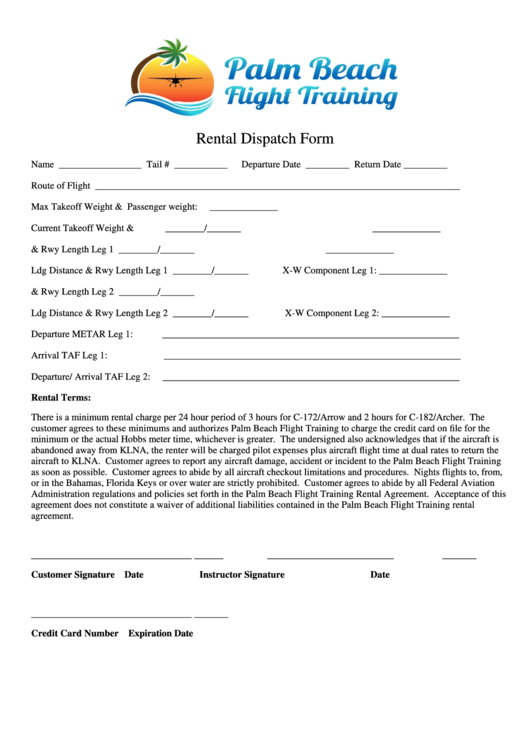 Fillable Rental Dispatch Form-Palm Beach Flight Training Printable pdf
