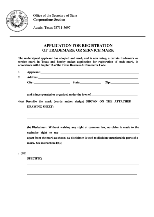 Fillable Application For Registration Of Trademark Or Service Mark - Office Of The Secretary Of State Printable pdf