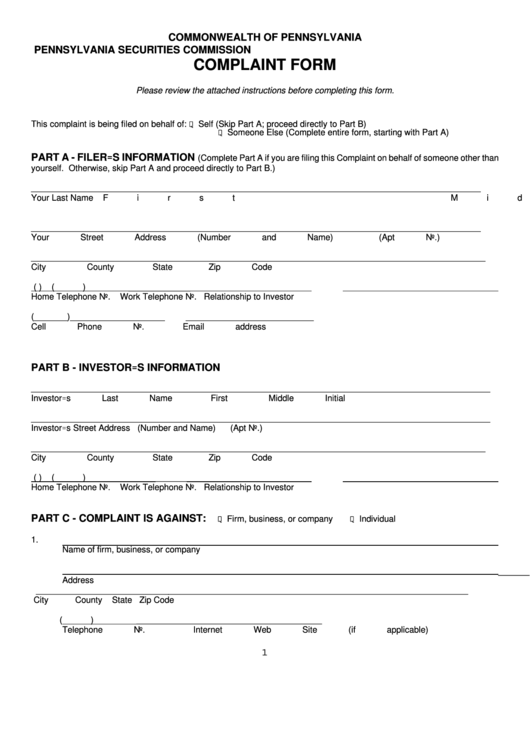 Complaint Form - Commonwealth Of Pennsylvania Pennsylvania Securities Commission Printable pdf