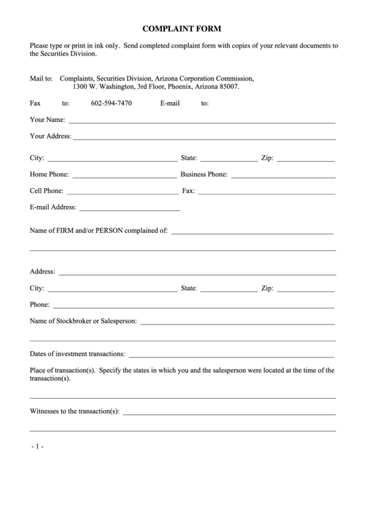 Complaint Form - Complaints, Securities Division, Arizona Corporation Commission Printable pdf