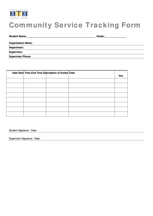 Community Service Tracking Form Printable pdf