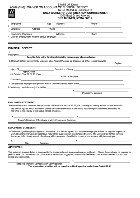 Form 14-0029 - Waiver On Account Of Physical Defect - State Of Iowa Printable pdf